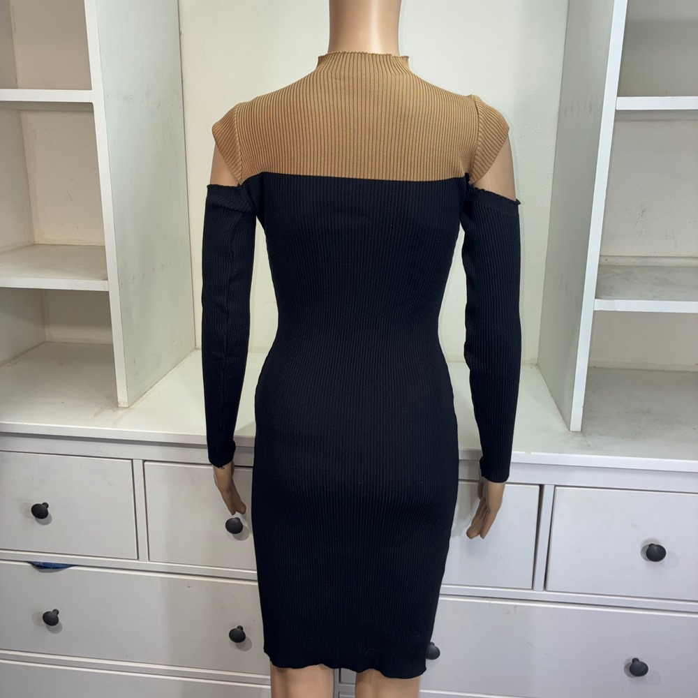 Womens Ribbed Cold Shoulder Mock Neck Long Sleeve Midi Dress Black Tan - Picture 3 of 4